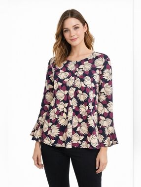 Ann Taylor Floral Long-Sleeve Blouse - Navy, Cream & Plum EUC size M.